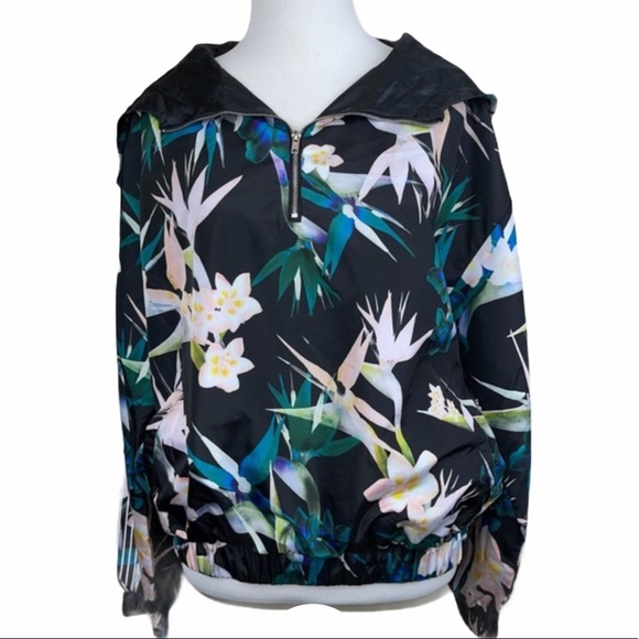 Forever 21 Black Tropical Half Zip Hooded Jacket S - Picture 1 of 12
